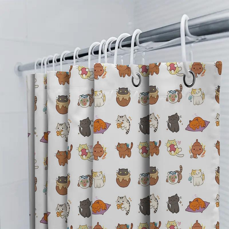 Cute Cat Shower Curtain Waterproof Animal Pattern Bathroom Decor Japanese Style Home Textile Washroom Fabric Hanging