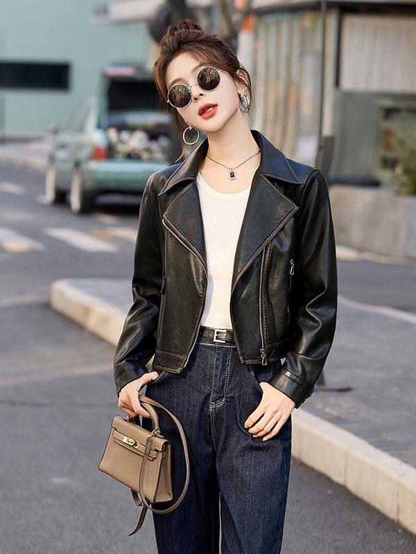 2025 Spring/Autumn Temperament Women's Slim Leather Jacket with Turn-Down Collar