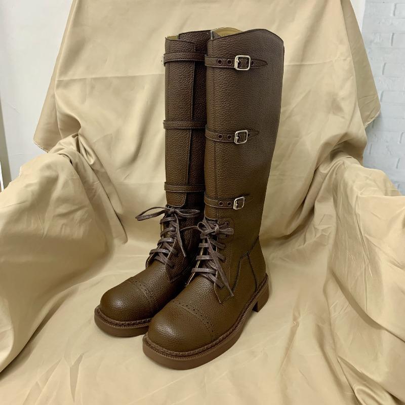 Anti-slip Shoes with Belt Buckles, Retro Chunk-heeled Mid-calf Boots for Women in Autumn and Winter
