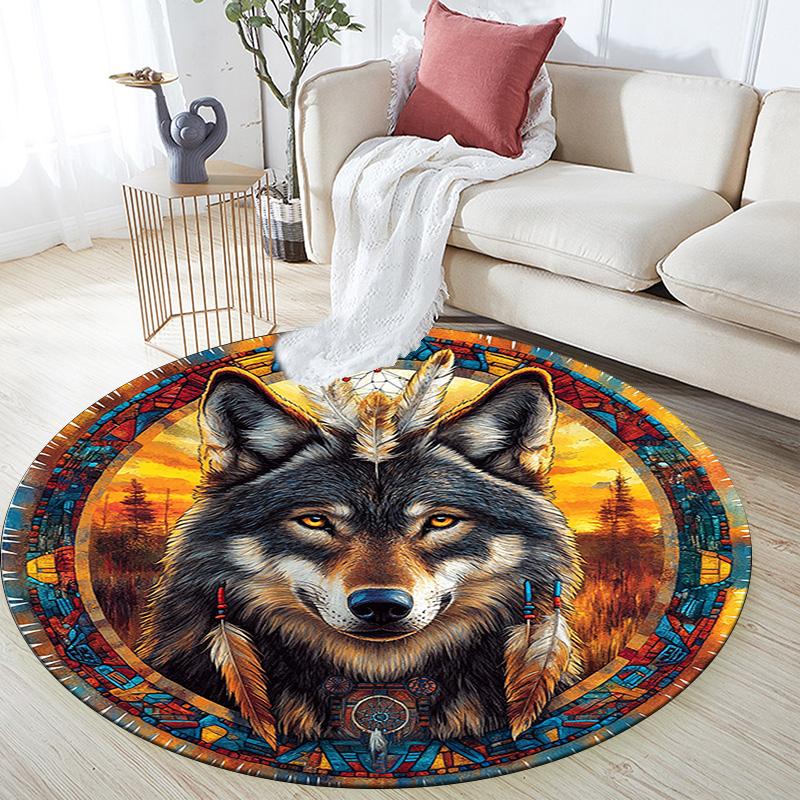 Wolfsgeist Runder Teppich, Teppich für Wohnzimmer Schlafzimmer Sofa Spielzimmer Dekor, Rutschfeste Bodenmatte
