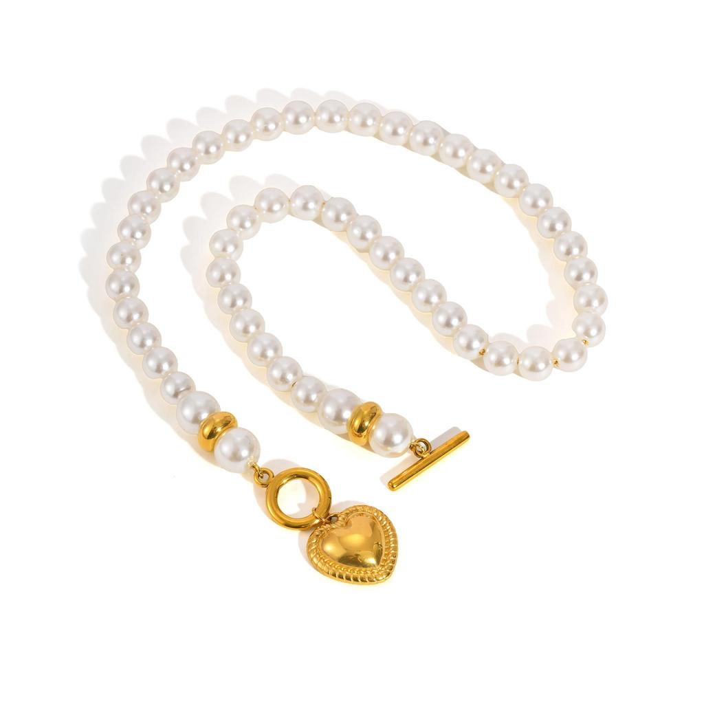 Stainless Steel Heart-shaped Pendant for Women,Imitation Pearl Beaded Chain Necklace with OT Buckle,Gold Color Jewelry Gifts