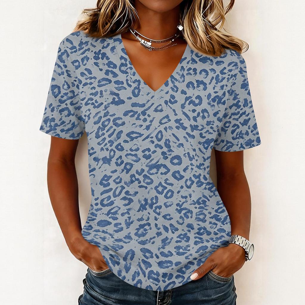 Women's Casual Print Short Sleeve V-Neck Pullover Top