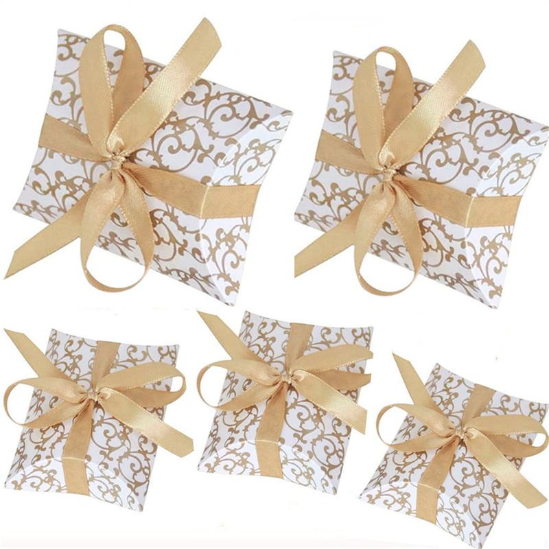 50 Stück gemusterte kissenförmige Pralinenschachtel mit Band, viel Platz für Hochzeitsgeschenke, Schmuck, Snacks