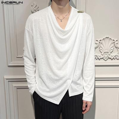 Mens Long Sleeve Irregular Hem Cowl Neck See Through T Shirts Sheer Tops