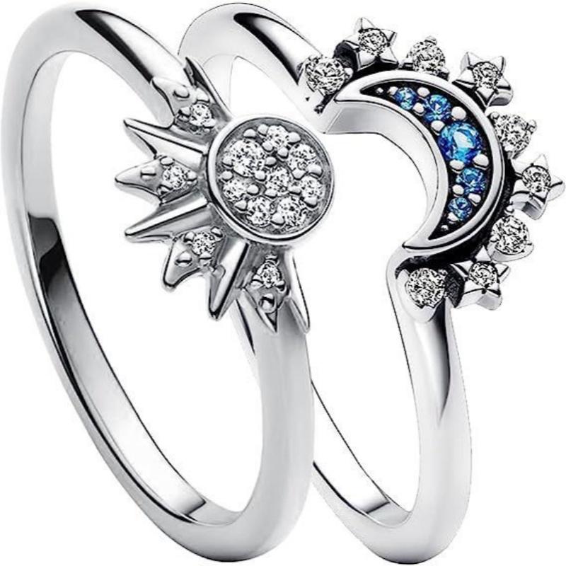 Celestial Blue Sparkling Moon Sun Star Crystal Ring for Women Fashion Elegant Stackable Finger Band Party Jewelry Gifts