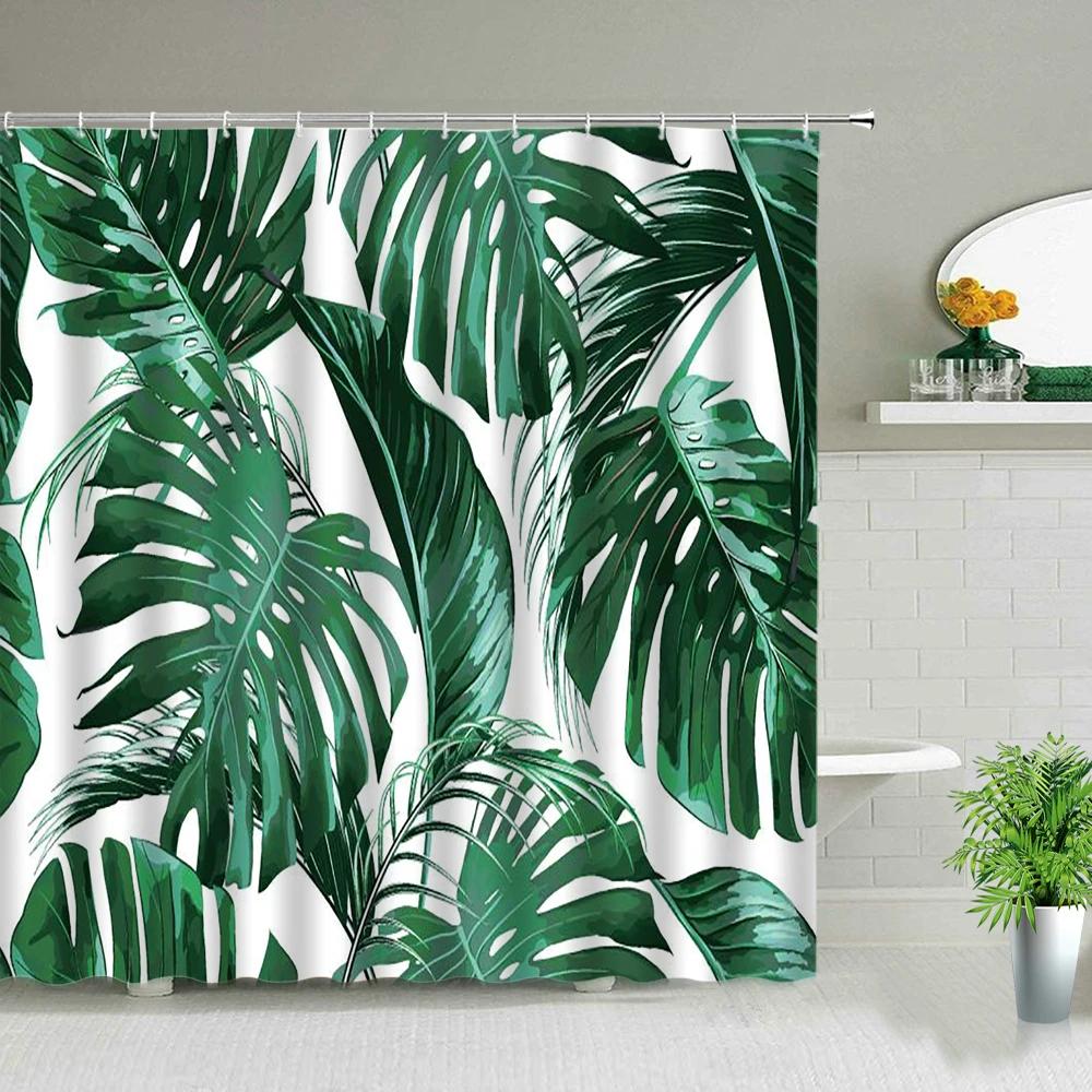 Green Leaves Shower Curtain Monstera Leaf Tropical Plant Spring Bathroom Curtain Bathtub Decor Waterproof Fabric With Hooks