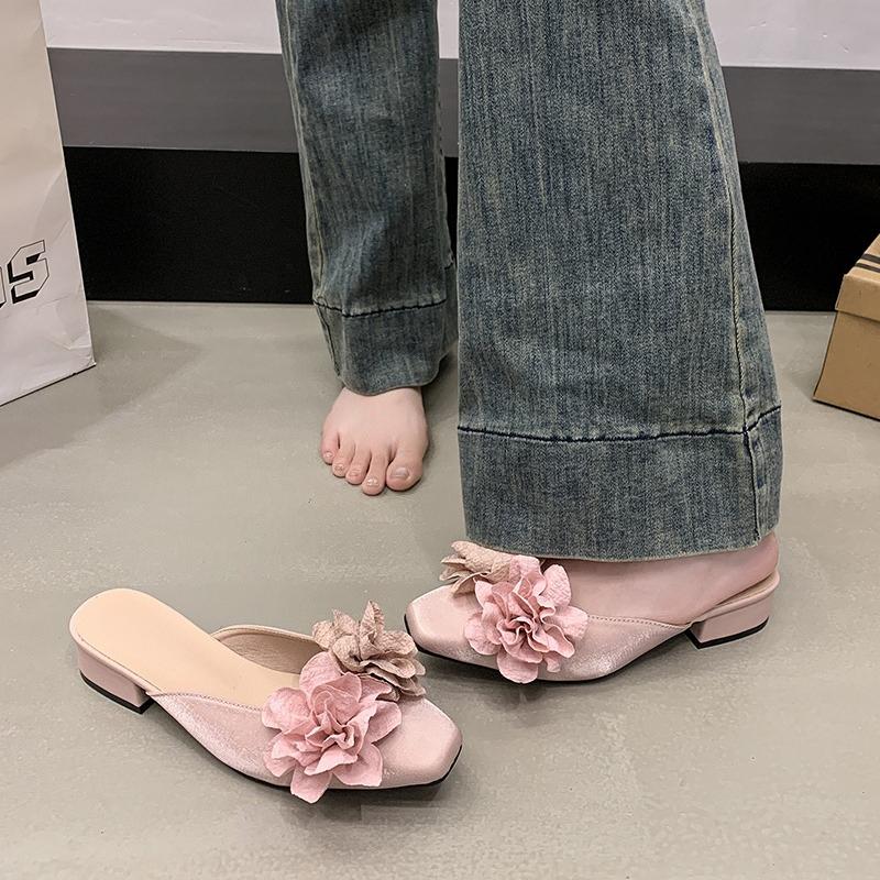 Fashion Flower High Heeled Sandals Designer Women Slippers Mules Shoes Elegant Square Toe Summer 2025 Dress Pumps Trend Chunky Mujer