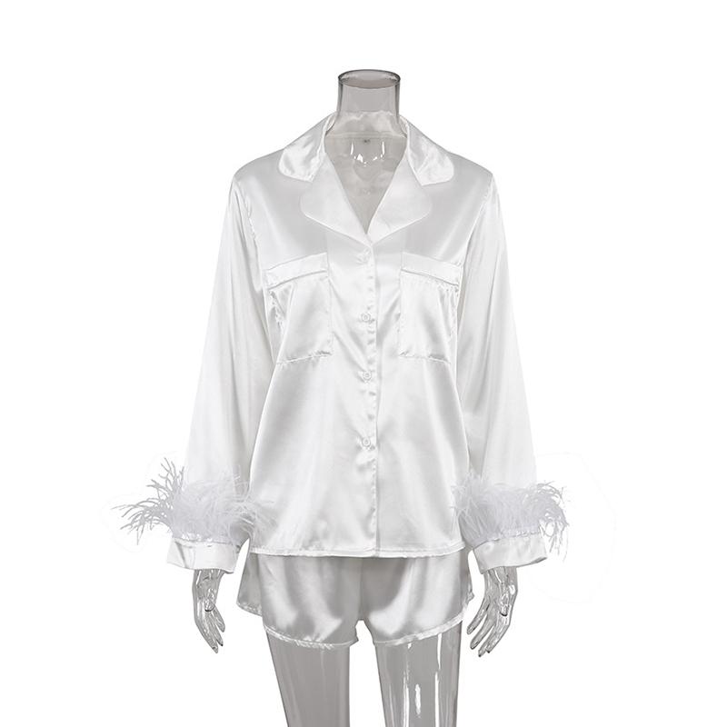 Women Satin Pajamas Set Lady Sleepwear Female Pajamas Suit Silk Nightwear Home Clothes Feather Cuff