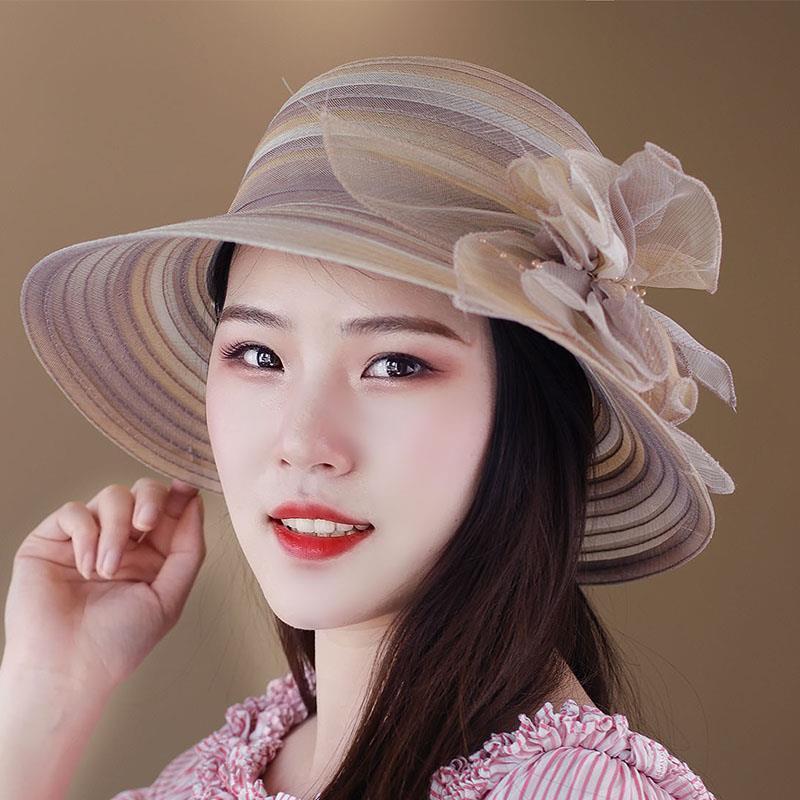 Hat Female Summer Breathable Mesh Color Matching Flower Yarn Sun Hat Dome Top Hat Sun Protection Hat