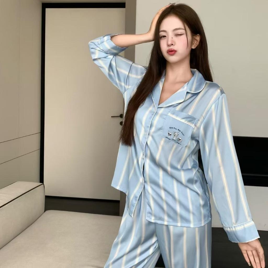 Long Korean Style Long-sleeved Ice Silk Pajamas Women's Simple Striped Pajamas Autumn and Winter Fashion Suit High-end Loungewear