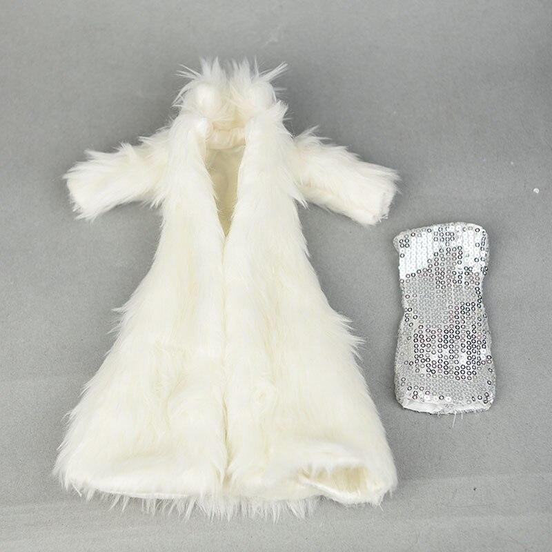Příslušenství pro panenky Barbie, oblečení, parka, zimní super dlouhý kožešinový bílý kabát a stříbrné šaty, módní oblečení pro panenku 1/6
