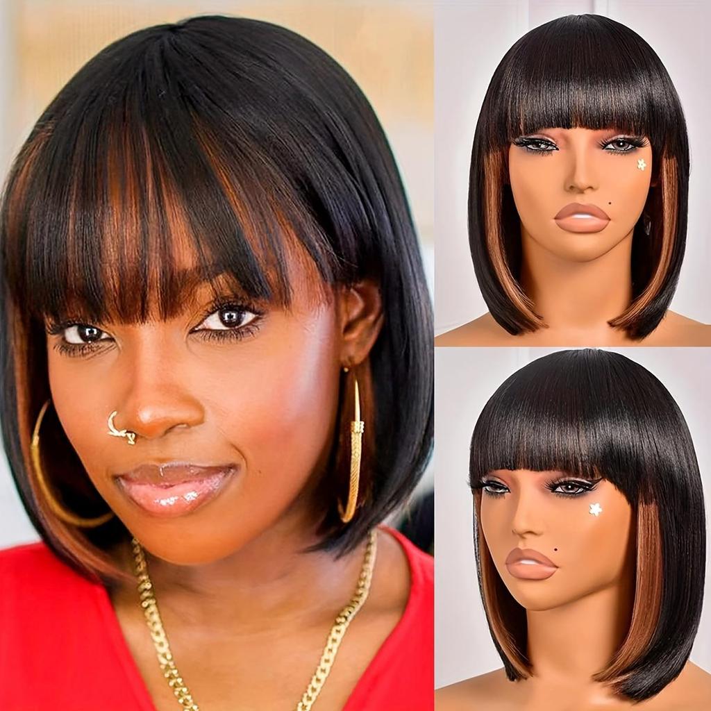 Woven Wigs Elegant Short Bob with Bangs for Women Rose Net Cap