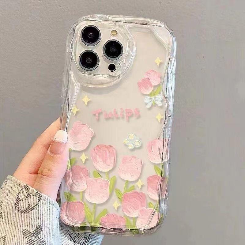 Pink Oil Painting Tulip iPhone17Promax Mobile Phone Case Transparent Application Apple 16promax Cream Case