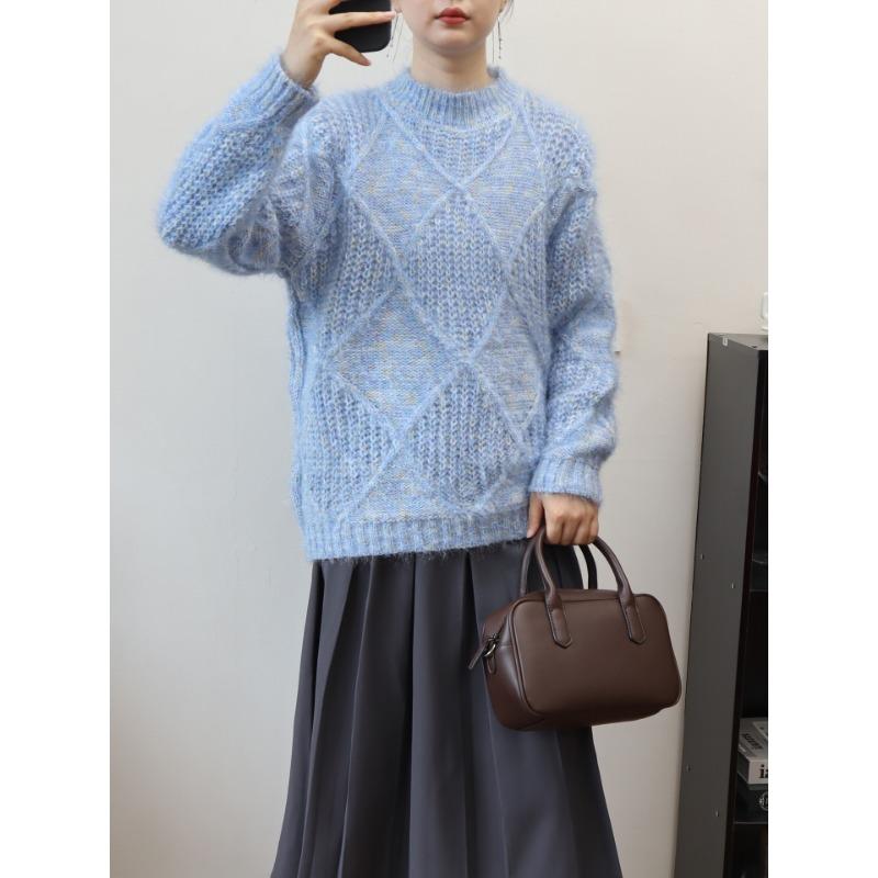 

Осень и зима новый ромбовидный цветной вязаный свитер топ свободный и нежный ветер мягкий восковой свитер пуловер женщина One size синий