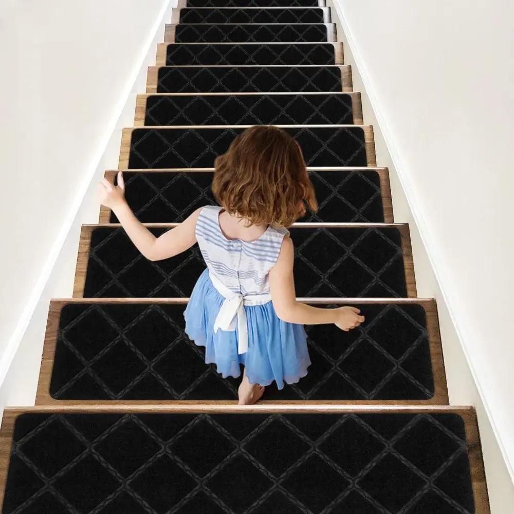 Indoor TPR Stair Treads Carpets 76x20cm Non-Slip Stepping Mat Self Adhesive Repeatedly Brushed Embossed Carpet for Kids Elder