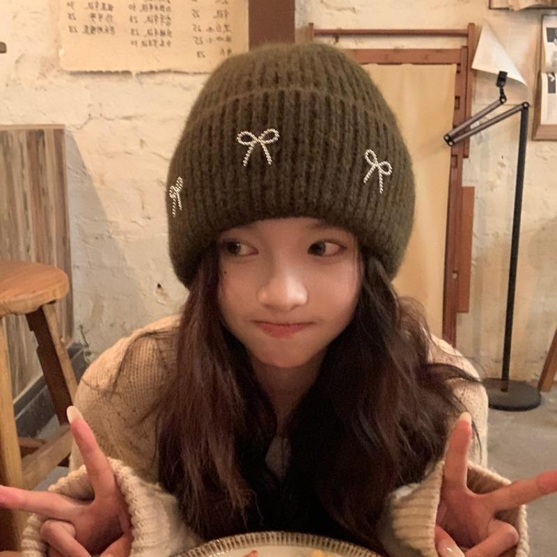 Bow Knitted Wool Hat Autumn and Winter New Big Head Circumference Versatile Fashion Ear Protector Cold Hat Women