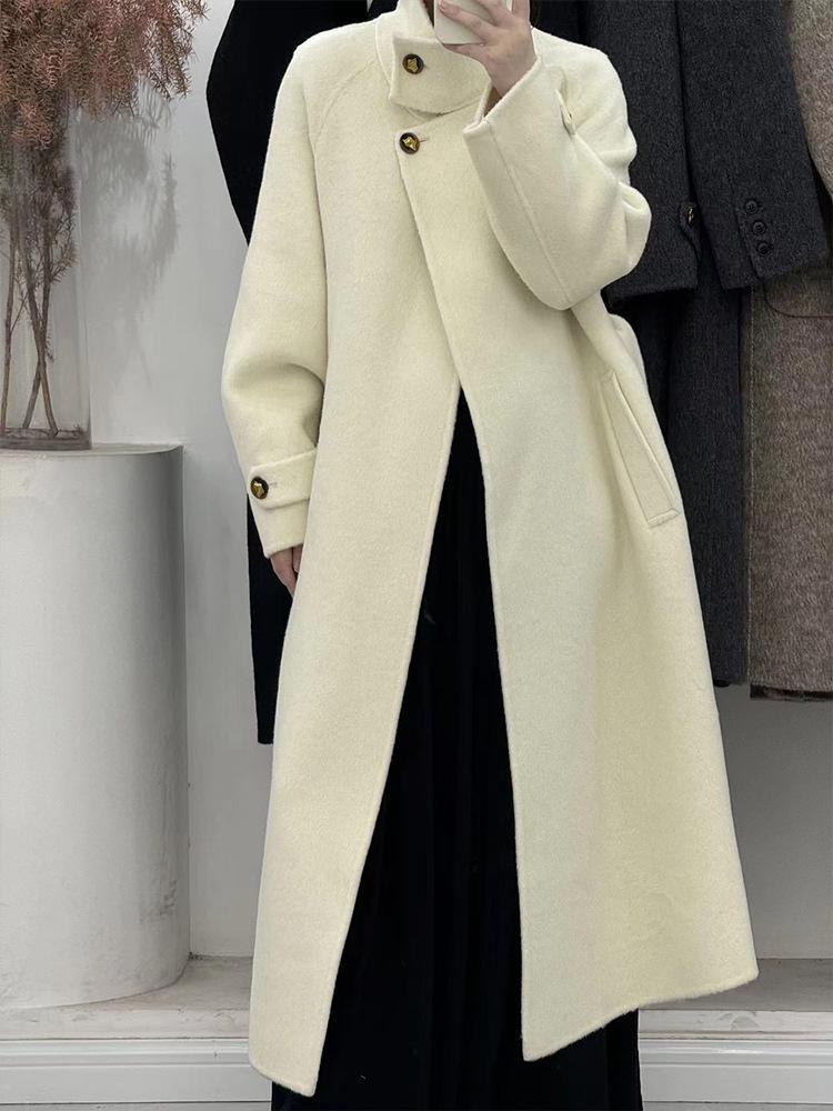 

Temperament stand-up collar double-sided wool coat belt skirt long thousand gold solid color wool coat women s high-end sense M