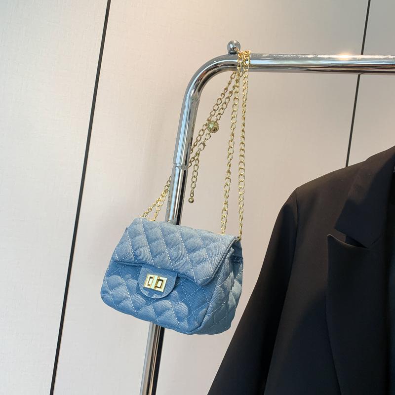 High-Value Foreign Style Lock Small Square Bag, Autumn New Denim Fashion Diamond Chain Messenger Bag