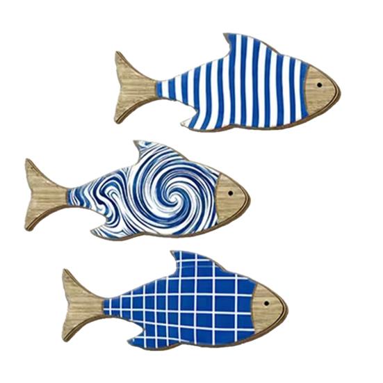 3 Pcs Summer Wooden Fish Wall Decor, Nautical Coastal Theme Fish Wall Sculpture, Vintage Beach Lake House Wall Art for Bathroom Bedroom Living Room Sets