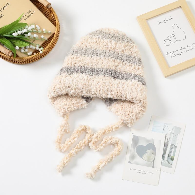 

Korean Style Knitted Striped Hat for Women in Autumn and Winter Thickened and Warm Lei Feng Hat Ear Protection Balaclava Small Face M（56-58cm）