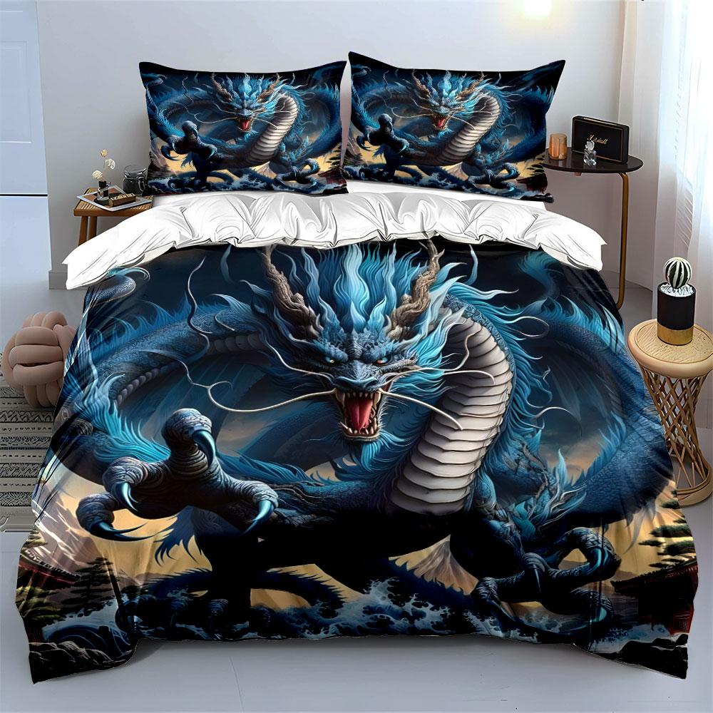Blue Roaring Dragon In Action Print Bedding Set 1 Duvet Cover 2 Pillowcases For Adult And Children Luxury Gift Full Size