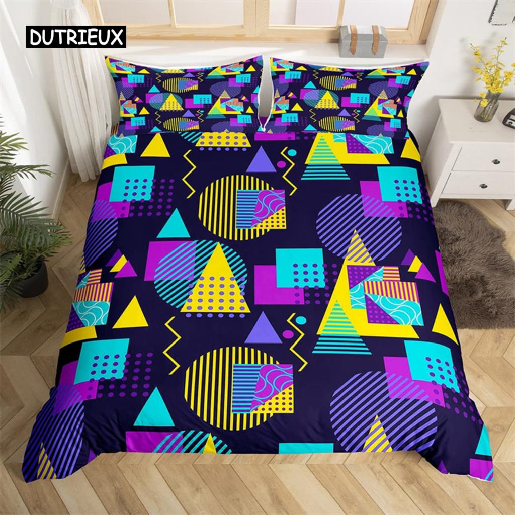 Psychedelic 3D Geometric Duvet Cover Microfiber Colorful Pop Abstract Art Comforter Cover Retro 80s Style Bedding Set Queen Size