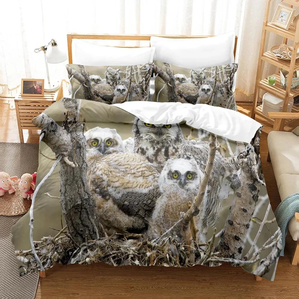 Owl Duvet Cover Set King/Queen Size,lovely Baby Owl Quilt Cover On A Tree,cute Wild Animal Polyester Bedding Set for Boys Teens