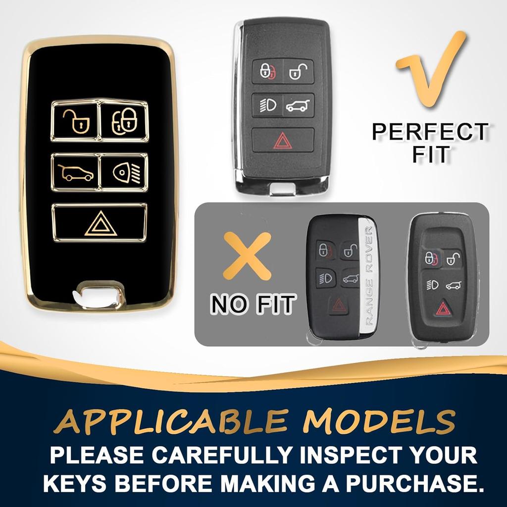 QBUC For Land Rover Key Fob Cover With KeyChain Soft TPU Gold Trim Key Case Full Protection Compatible With 2018-2026 Land Rover Range Rover Evoque