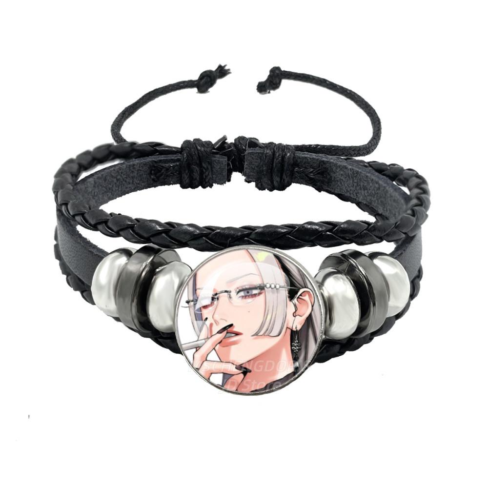Manga Gokurakugai Cartoon Character Glass Cabochon Black Leather Bangle Bracelet Jewelry Charm Fans Gift MS013