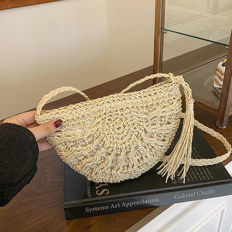 Новые полукруглые соломенные сумки для женщин, летняя пляжная ротанговая сумка, ручная работа, плетёная полумесяцем, сумка через плечо, сумочки 25x2x17cm