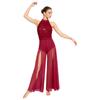 S-3XL Lyric Modern Dance Bodysuit Halter Mock Neck Sleeveless Sequin Embellished Strappy Back Mesh Wide Leg Jumpsuit One Piece Dancewear