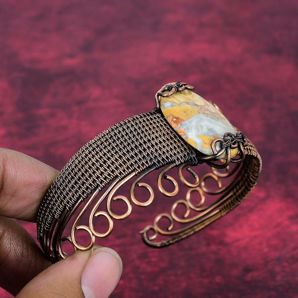 Maligano Jasper Gemstone Bangle Copper Wire Wrapped Adjustable Cuff Bracelet