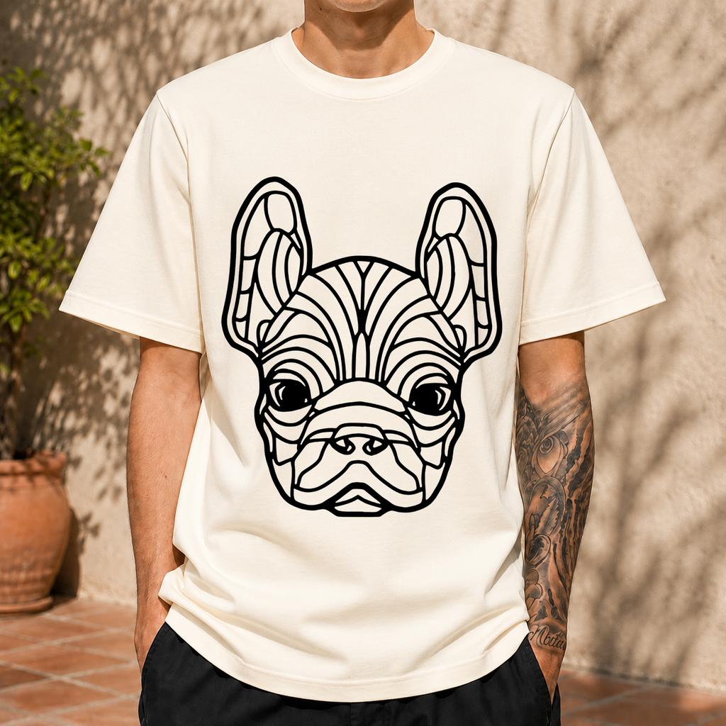2026 Neues reines Baumwoll-T-Shirt mit geometrischem französischen Bulldoggenkopf-Aufdruck Unisex Einfaches Rundhals-Oberteil Lässiges Kurzarm