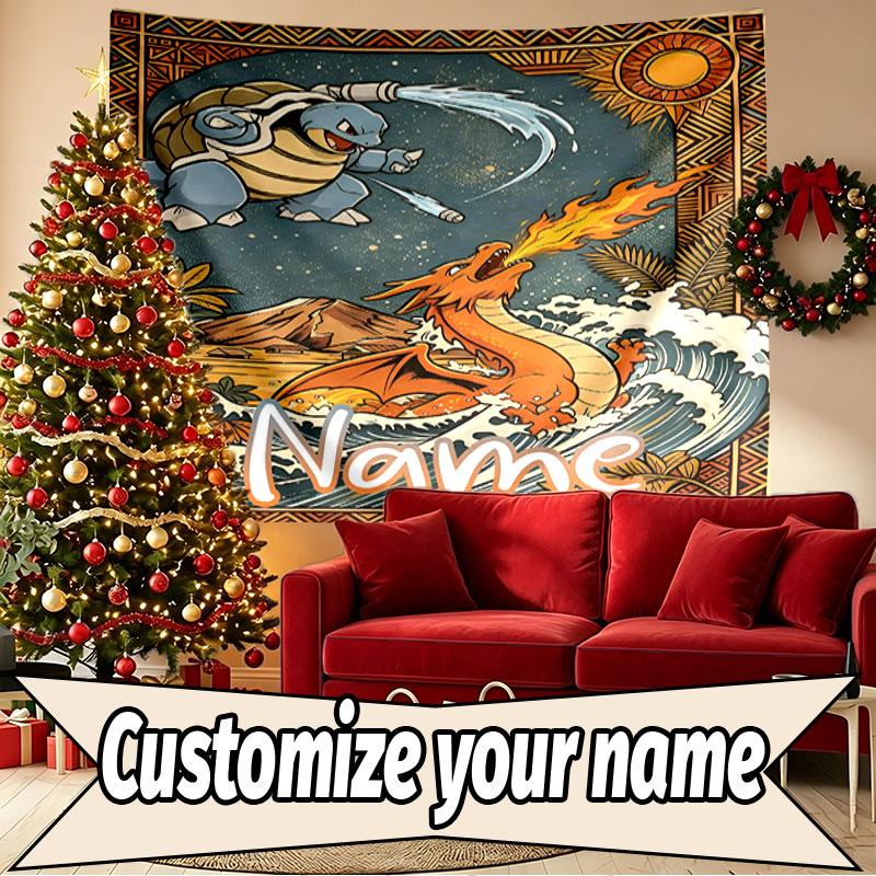 Custom Name Personalized Charizard VS Blastoise Print Tapestry, Wall Art Decor, Bedroom, Dorm, Apartment, LivingRoom, Party Backdrop, Gift for Birthda