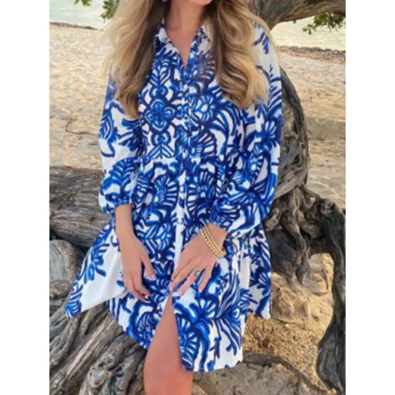 

Summer 2025 European and American New Fashion Blue and White Porcelain Print Lapel High Waist Shirts Jumpsuit Short dress Blue XL