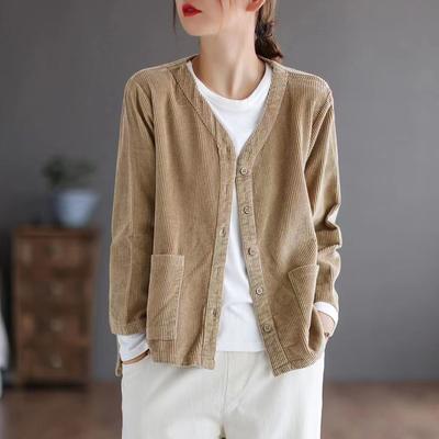 Fashion Spring Autumn Women Black Purple Casual Button Up V Neck Nine Quarter Sleeve Soft Retro Khaki Corduroy Cardigan Blouse Outdoor