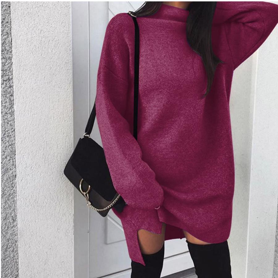 New European and American Leisure Oversized Knit High Collar Pleated Dress for Women