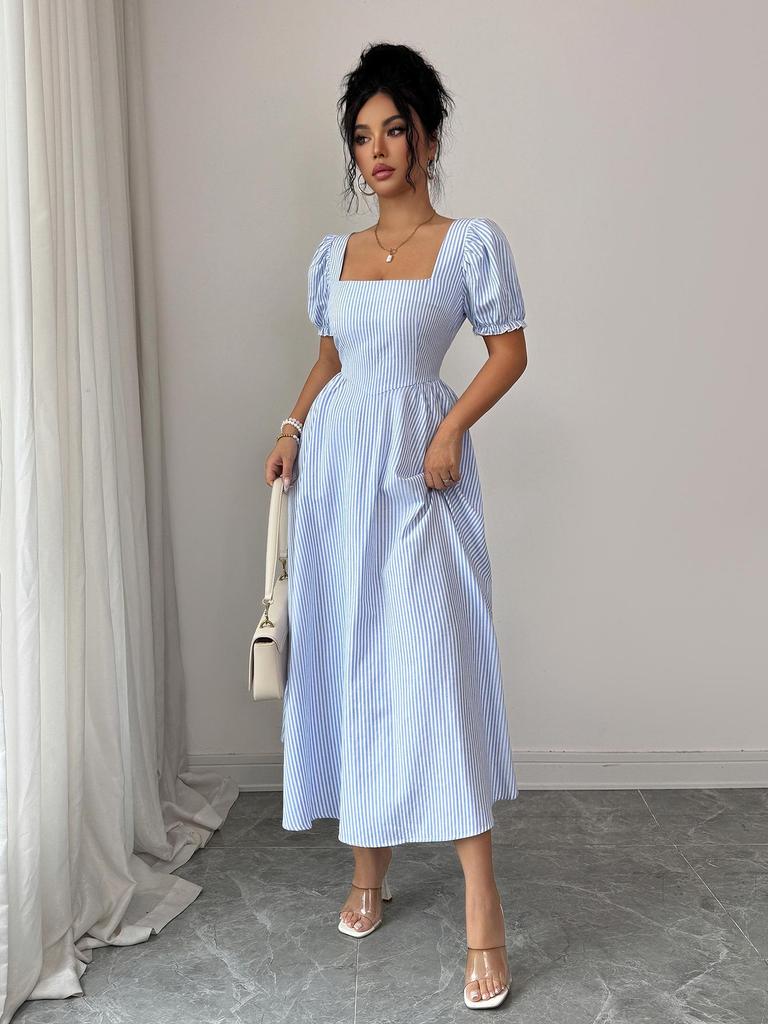 Elegant European-Style Puff Sleeve Striped Dress - Women's Spring/Summer 2026 Collection