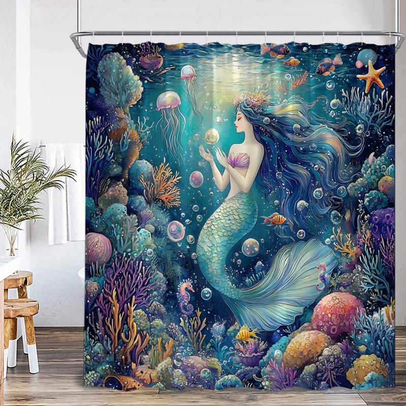 Ocean Mermaid Shower Curtains Sea Waves Cosmic Starry Sky Sunset Scenery Modern Fabric Home Bathroom Curtain Decor With Hooks