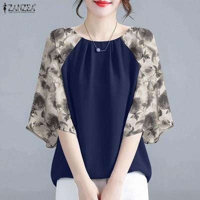 Women Casual Round Neck Print Splice 3/4 Sleeve Loose Blouse