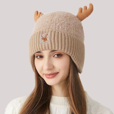Gestrickte Mütze Damen Nähte Geweih Gehörschutz Dicke warme Mütze Damen Winter Wollmütze