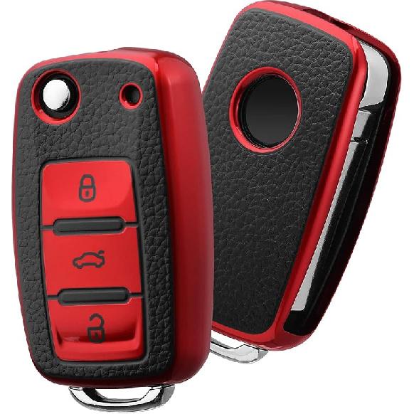 ELOHEI for VW Key Fob Cover, Premium Soft TPU 361 Degree Full Protection for VW Volkswagen Jetta Beetle Tiguan Passat Golf MK6 Polo 3 Buttons(Leather