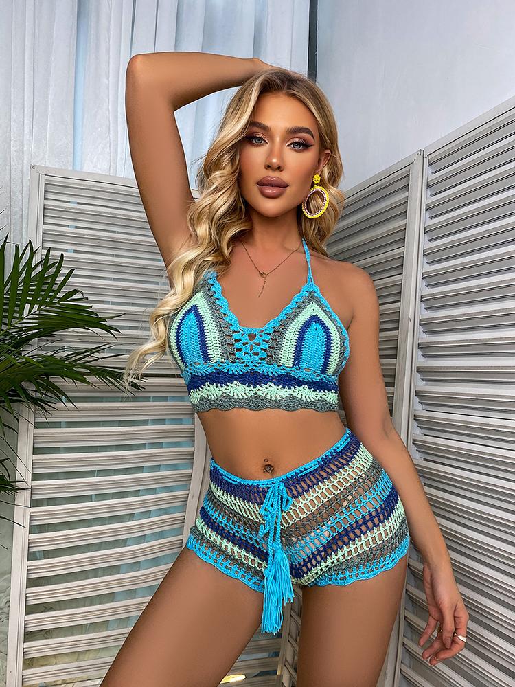 Virkat Bikiniset Flerfärgad Regnbågsrandig Off Shoulder Topp + Trosa Bikini Strandkläder Baddräkt Badkläder Baddräkt Kostym