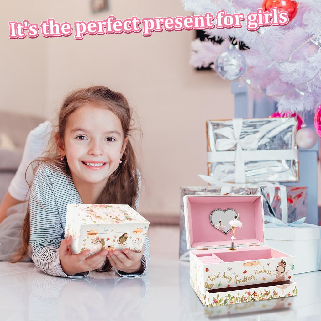Musical Jewelry Storage Box with Drawer Decorative Jewelry Organizer Box Children Bracelet Rings Holder Case Toys Girls Gifts