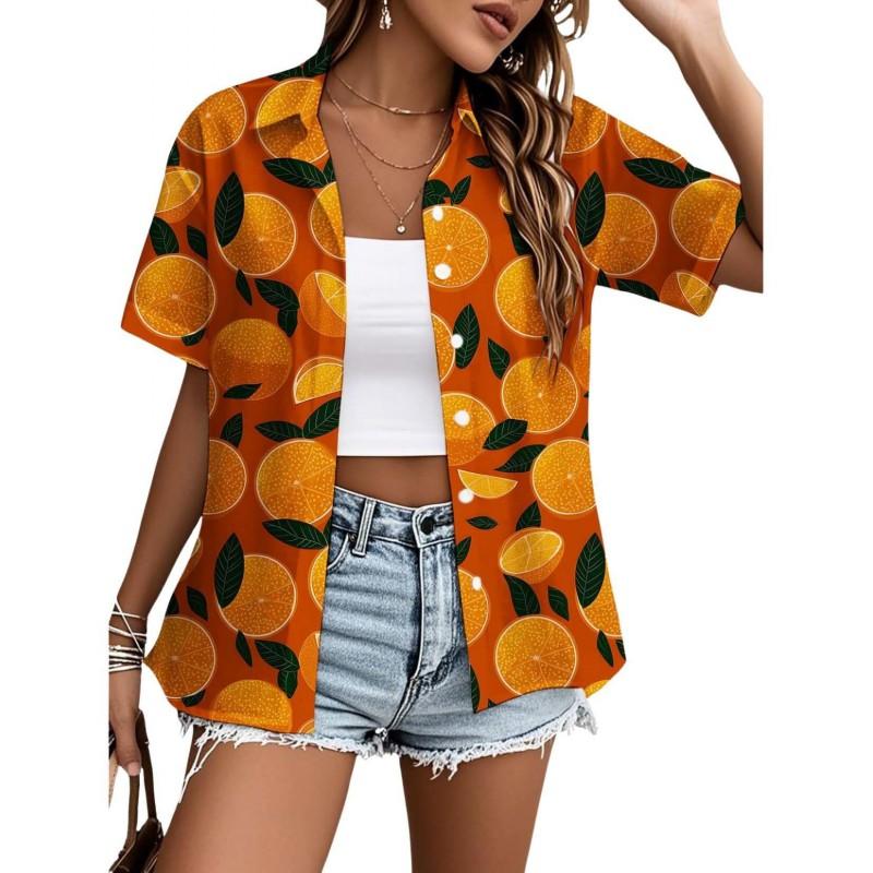 Womens Loose Fit Short Sleeve Printed Shirt Casual Vacation Style Collared Open Front Top