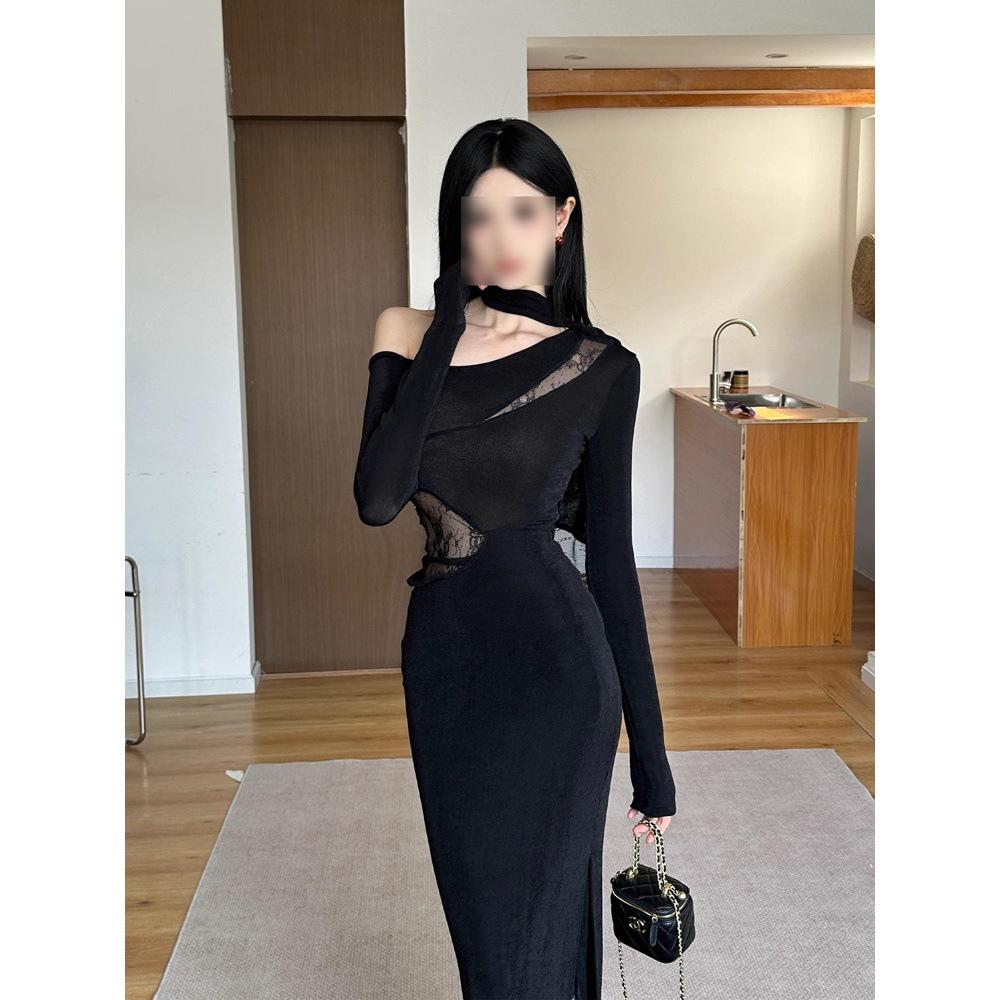 

French Retro Black Lace Off-Shoulder Evening Dress - New Spring Collection S