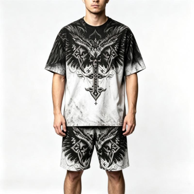 Summer Gothic Style Vintage Skull Cross Printed Round Neck Short Sleeved T-Shirt And Shorts Set Men's and Women's T-shirt Shorts Set