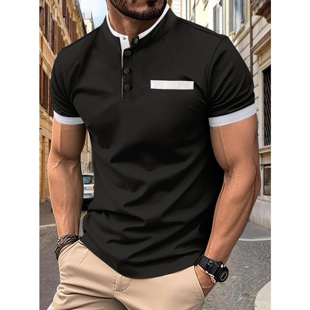 Men's Summer Casual Polo Shirt: Checked, Stand-up Collar, Short-sleeved Sports Shirt