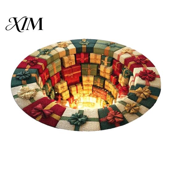 Holiday Party Floor Decoration Christmas Round Rug, 3D Illusion Mat, Winter Carpet, Soft Gnome Deer Crystal Velvet Mat Santa House Festive Rug