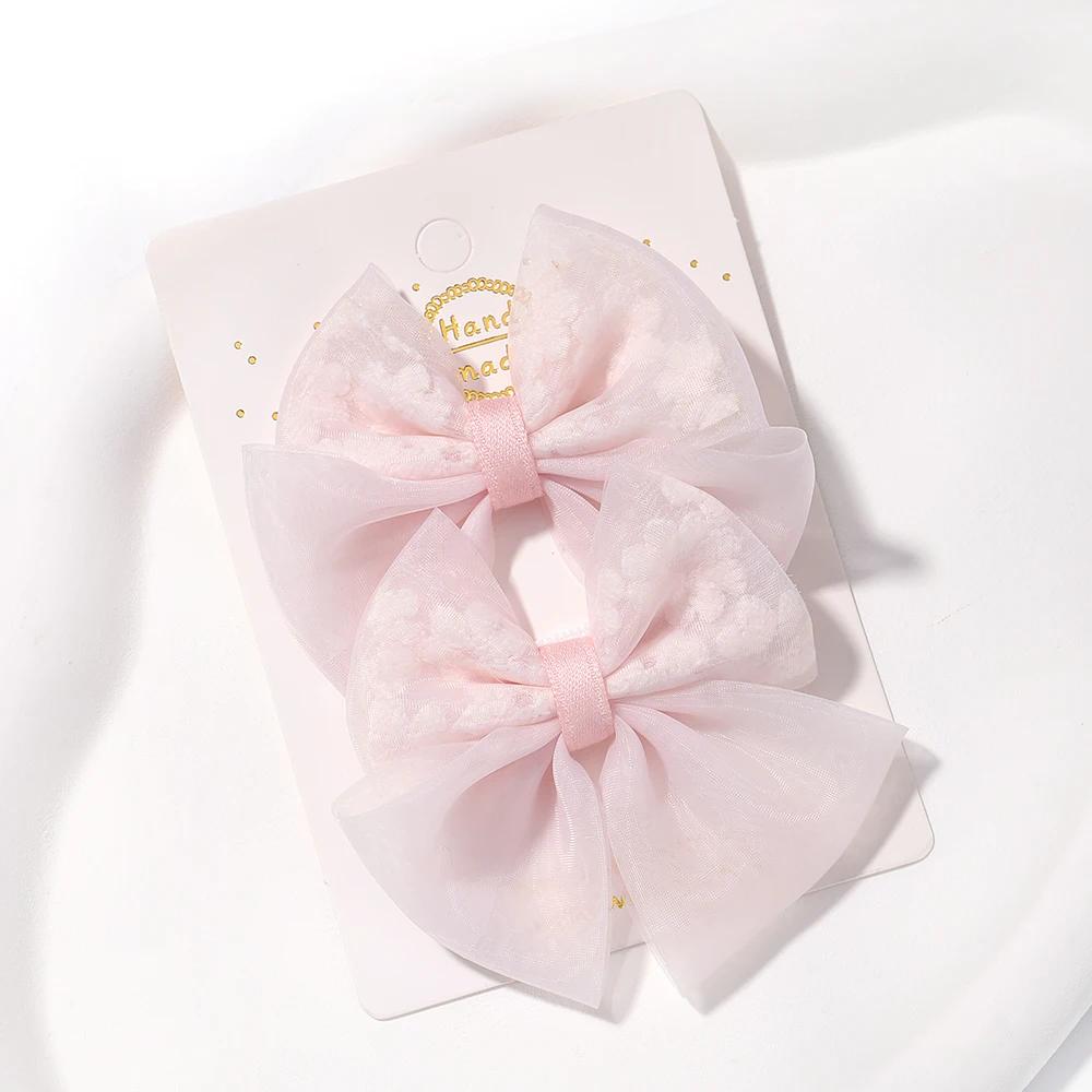 2pcs/set Lovely Lace Bows Hair Clips for Girls Sweet Solid Color Gauze Clip Soft Hairpins Pink Princess Kids Hair Accessories